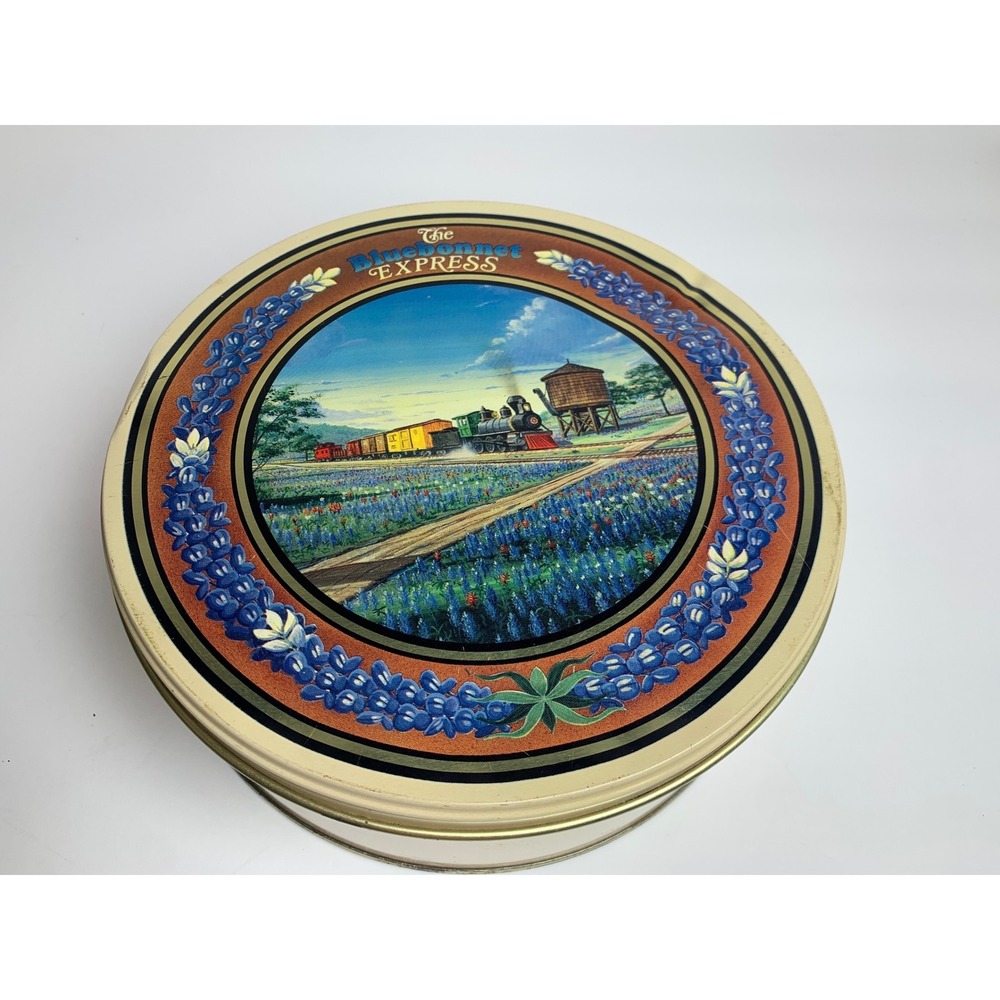 Vintage The Bluebonnet Express Train Metal Tin Round Storage‎ Container 8 Inch